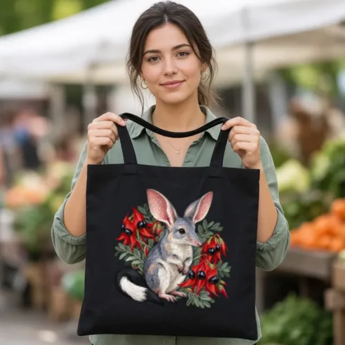 Lifestyle photo of the Bilby Among Sturt Desert Peas Tote Bag being worn or used