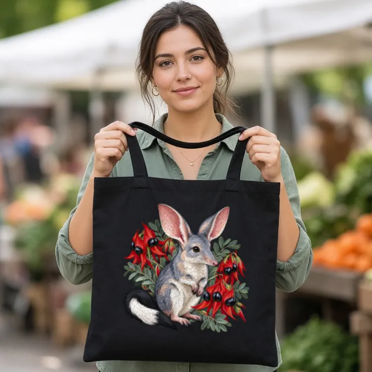 Lifestyle photo of the Bilby Among Sturt Desert Peas Tote Bag being worn or used