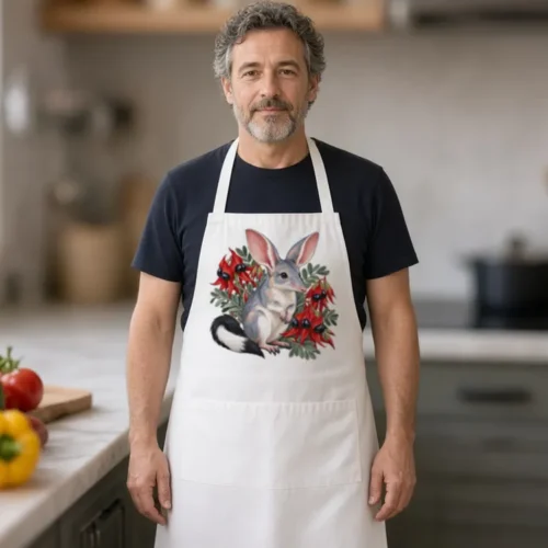 Lifestyle photo of the Bilby Among Sturt Desert Peas Apron being worn or used