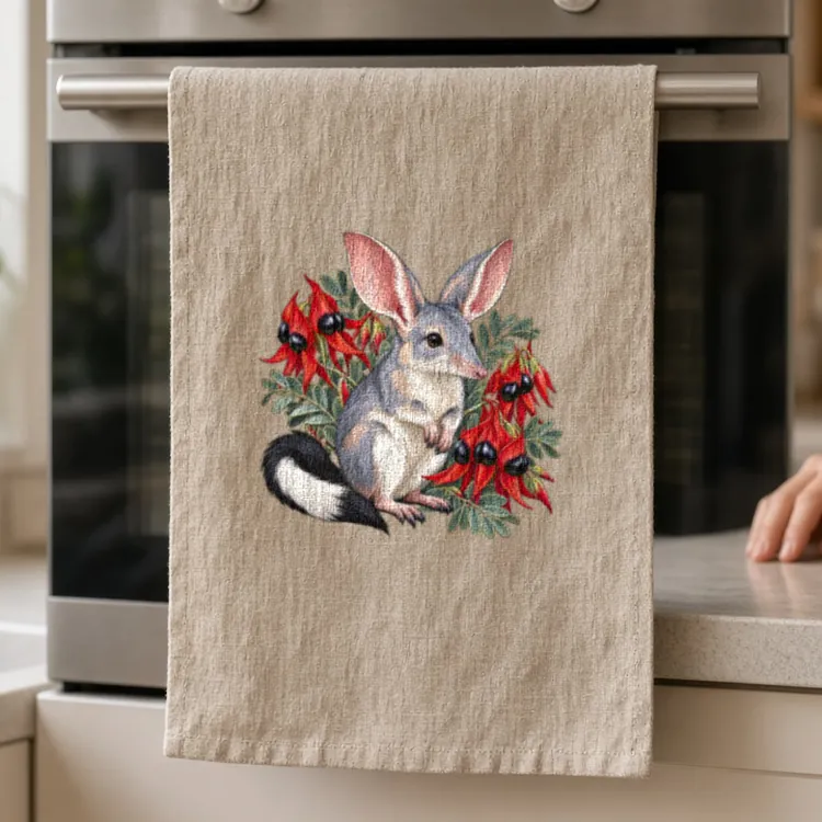 Lifestyle photo of the Bilby Among Sturt Desert Peas Tea Towel being worn or used