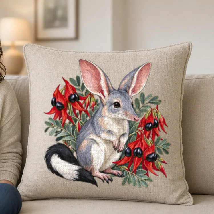 Lifestyle photo of the Bilby Among Sturt Desert Peas Cushion Cover being worn or used
