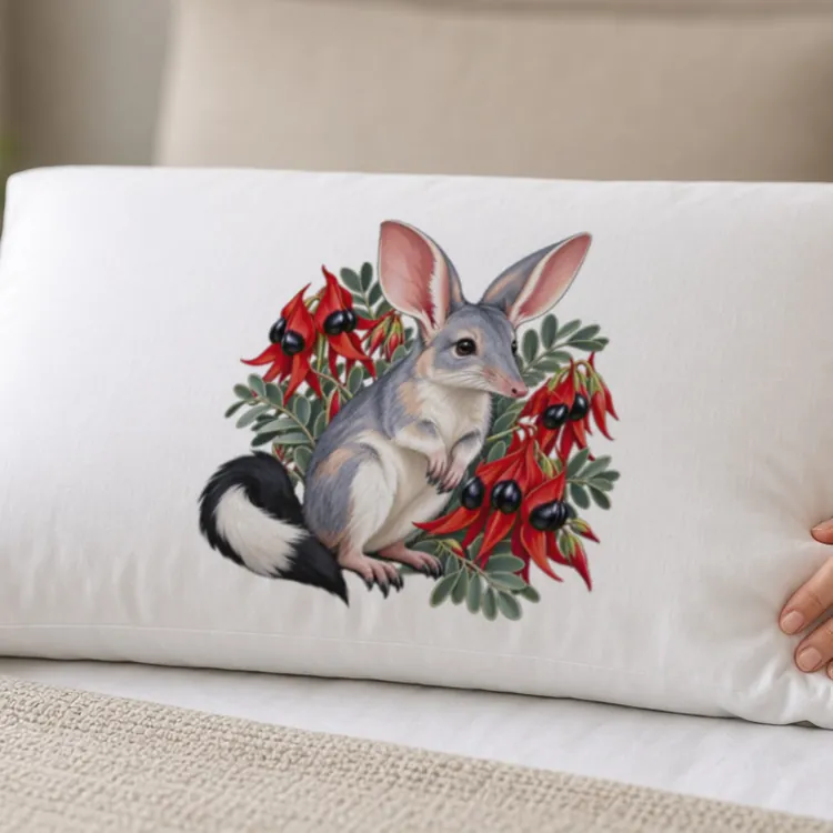 Lifestyle photo of the Bilby Among Sturt Desert Peas Pillow Case being worn or used