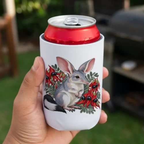 Hand holding a red can in the white Bilby Among Sturt Desert Peas stubby holder at a backyard barbecue