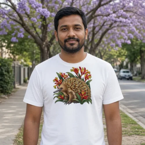 Man on a jacaranda-lined street wearing the white Echidna Among Kangaroo Paws men’s T-shirt