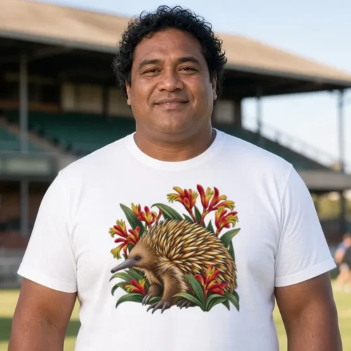 Man at a suburban footy ground wearing the white Echidna Among Kangaroo Paws premium men’s T-shirt