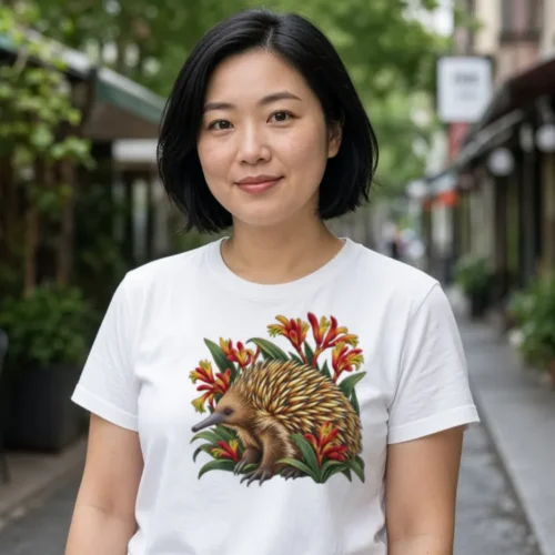 Woman in a leafy café laneway wearing the white Echidna Among Kangaroo Paws women’s T-shirt