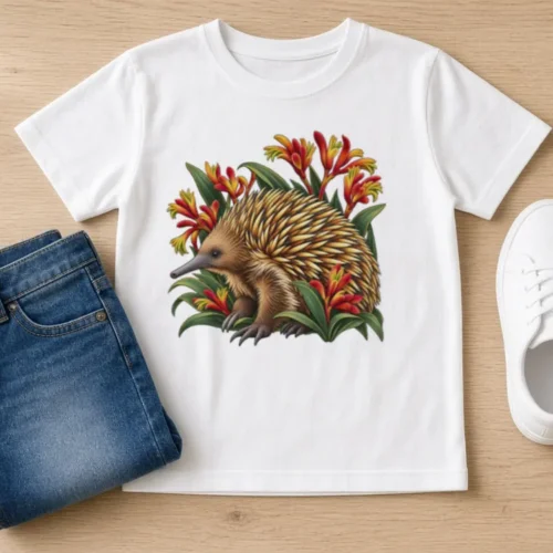 White Echidna Among Kangaroo Paws kids T-shirt laid flat on an oak table beside denim shorts and white sneakers