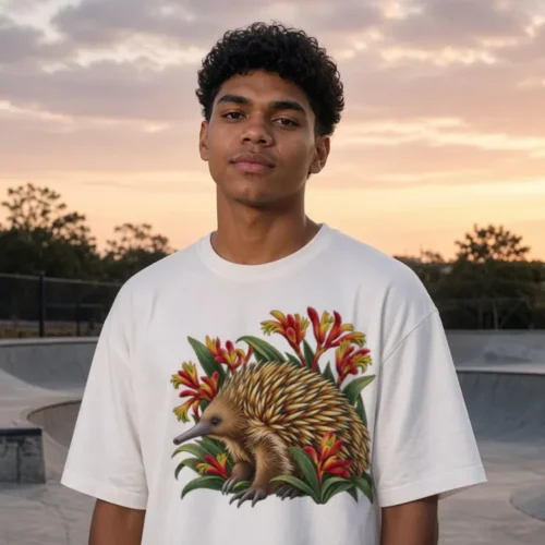 Young man at a skate park at sunset wearing the white Echidna Among Kangaroo Paws oversized T-shirt