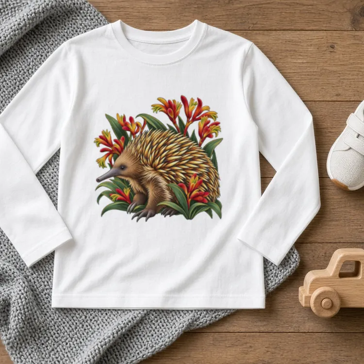 White Echidna Among Kangaroo Paws kids long sleeve T-shirt laid flat on timber boards with a knitted blanket, small sneakers and a wooden toy truck