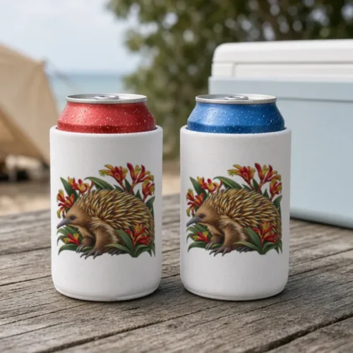 Two white Echidna Among Kangaroo Paws stubby holders with cans on a timber table at a beach camp, with an esky and a tent behind