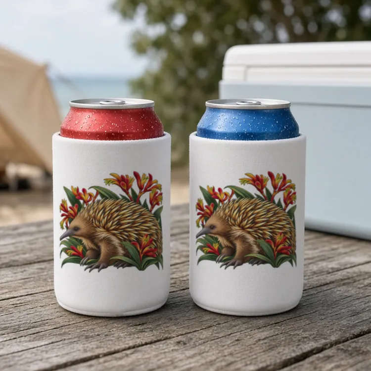 Two white Echidna Among Kangaroo Paws stubby holders with cans on a timber table at a beach camp, with an esky and a tent behind