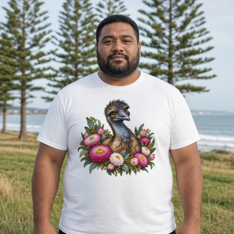 Man on a grassy beachfront lawn with tall pine trees and the surf behind, wearing the white Elegant Emu with Everlasting Daisies premium men’s T-shirt
