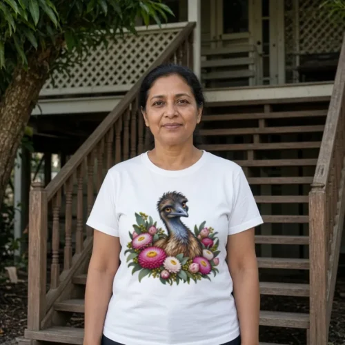 Woman at the foot of the timber front stairs of an old house with lattice, wearing the white Elegant Emu with Everlasting Daisies women’s T-shirt