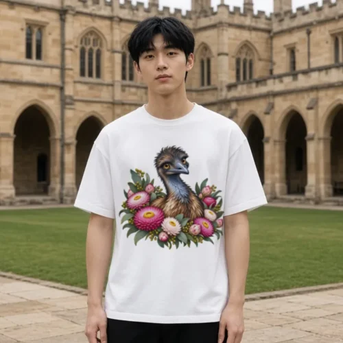 Young man in a sandstone courtyard with arched cloisters, wearing the white Elegant Emu with Everlasting Daisies oversized T-shirt