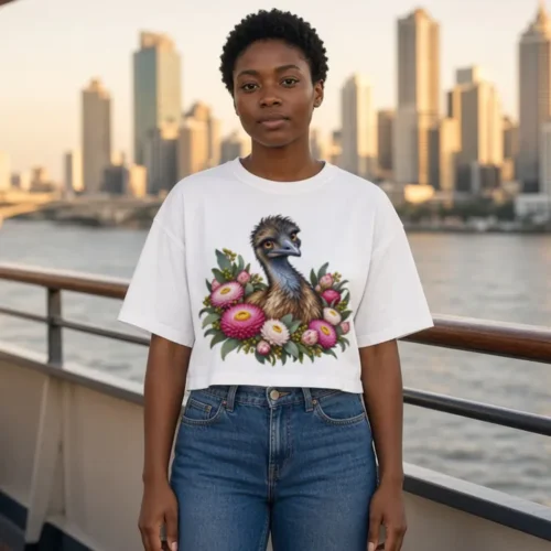 Woman on the deck of a river ferry with city towers behind, wearing the white Elegant Emu with Everlasting Daisies women’s boxy T-shirt with jeans
