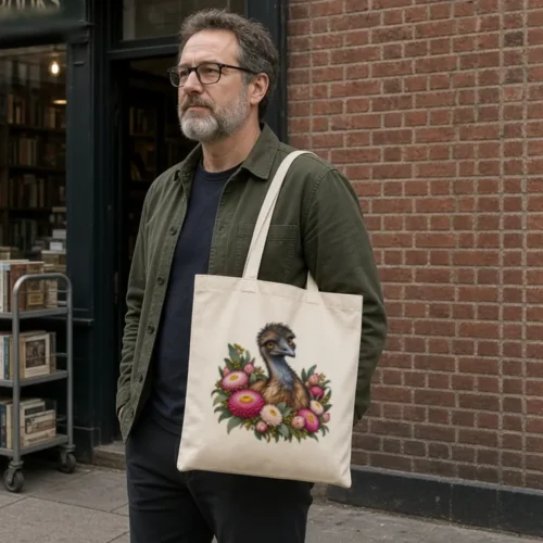Man outside a secondhand bookshop carrying the natural Elegant Emu with Everlasting Daisies tote bag on his shoulder