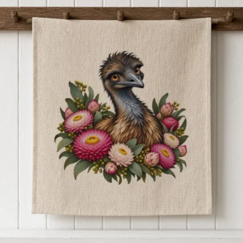 Natural Elegant Emu with Everlasting Daisies tea towel hanging from a timber peg rail on a white painted-board wall
