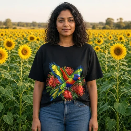 Woman with dark curly hair in a sunflower field, wearing the black Rainbow Lorikeet with Grevillea women’s boxy T-shirt with jeans