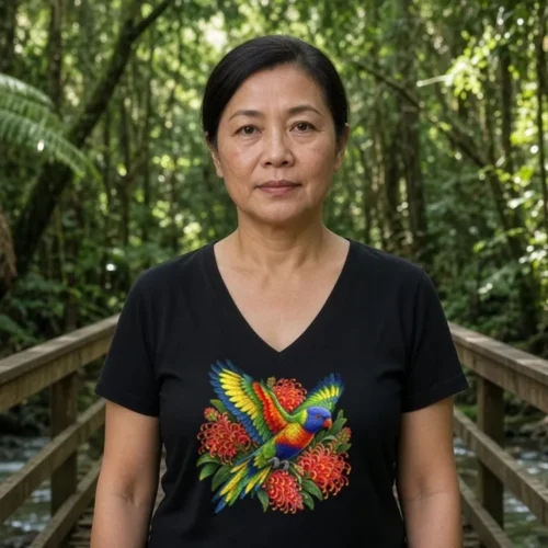 Woman on a timber footbridge in a rainforest, wearing the black Rainbow Lorikeet with Grevillea women’s V-neck T-shirt