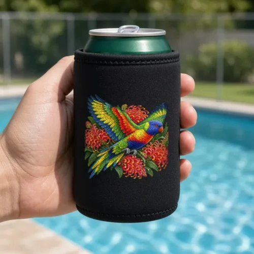 Hand holding a green can in the black Rainbow Lorikeet with Grevillea stubby holder beside a backyard swimming pool