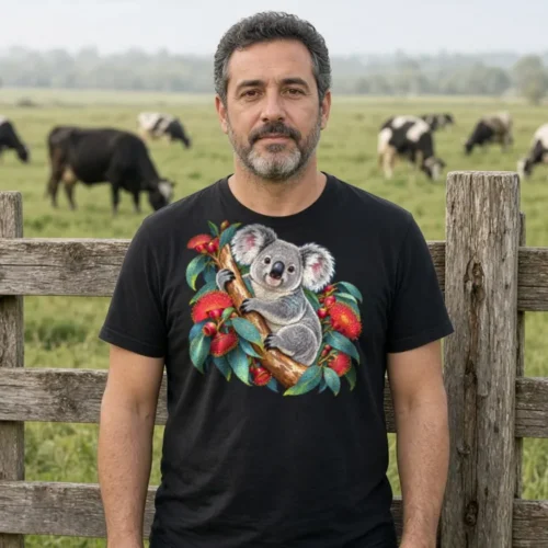 Man with a salt-and-pepper beard at a timber farm gate, with dairy cows grazing in a green paddock behind, wearing the black Koala in Coral Eucalyptus men’s T-shirt