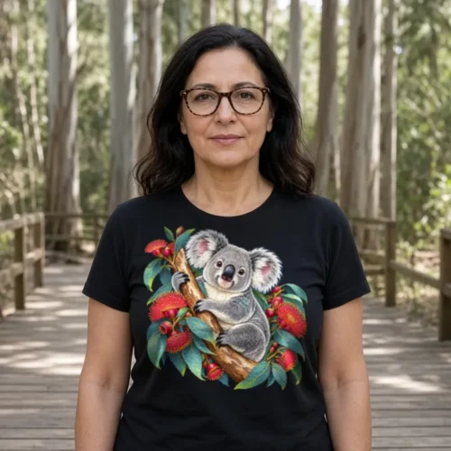 Woman with shoulder-length dark wavy hair and glasses on a shaded timber walkway among tall gum trees, wearing the black Koala in Coral Eucalyptus women’s T-shirt