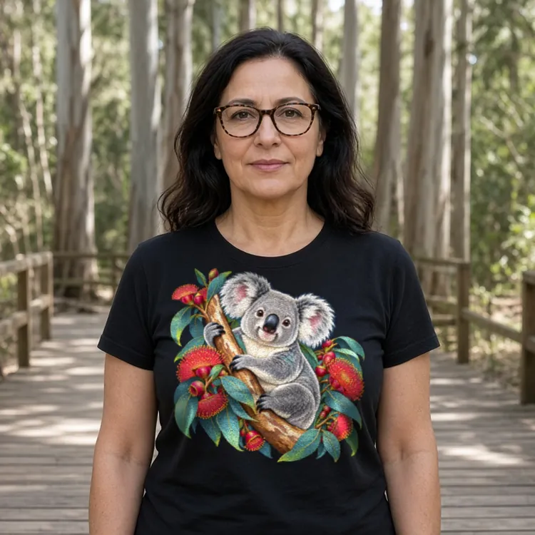 Woman with shoulder-length dark wavy hair and glasses on a shaded timber walkway among tall gum trees, wearing the black Koala in Coral Eucalyptus women’s T-shirt