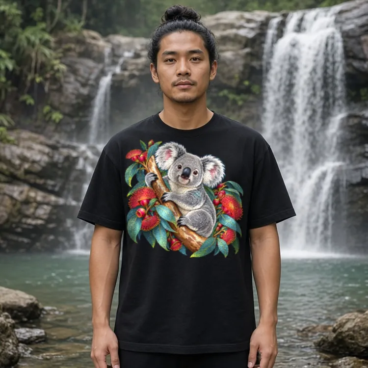 Man with his hair in a bun beside a rainforest waterfall and rock pool, wearing the black Koala in Coral Eucalyptus boxy T-shirt