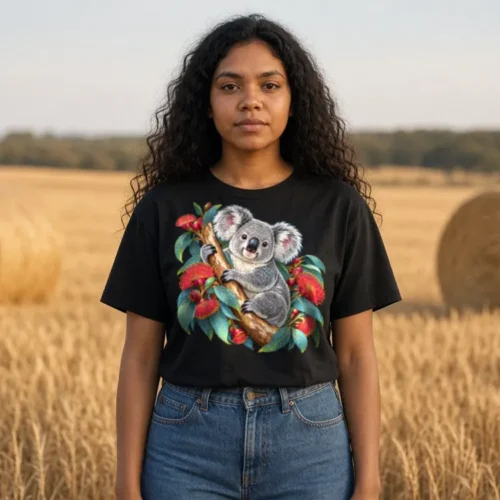 Woman with long dark curly hair in a golden wheat field with round hay bales behind, wearing the black Koala in Coral Eucalyptus women’s boxy T-shirt with jeans