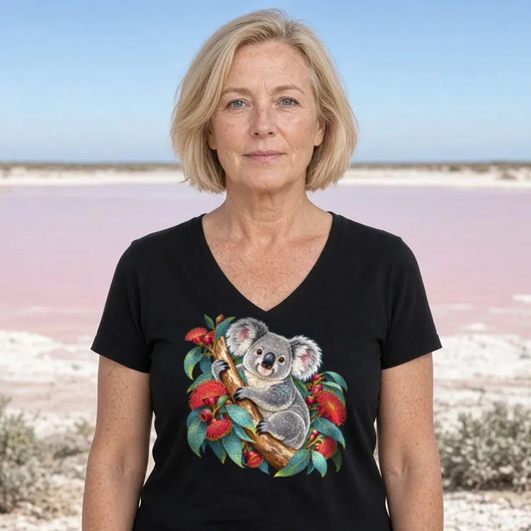 Woman with a short blonde bob beside a pink salt lake with a white salt crust, wearing the black Koala in Coral Eucalyptus women’s V-neck T-shirt
