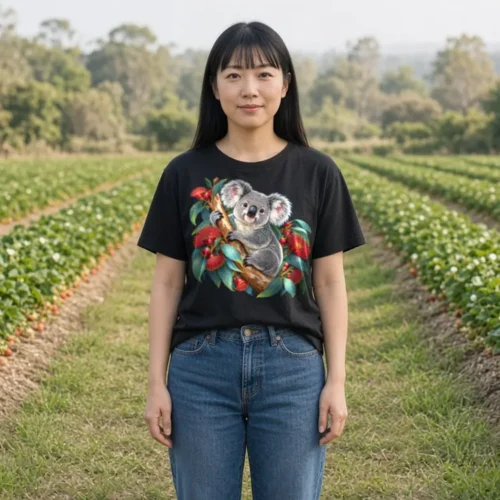 Woman with long black hair and a blunt fringe between rows of a strawberry farm, wearing the black Koala in Coral Eucalyptus Martina T-shirt with jeans