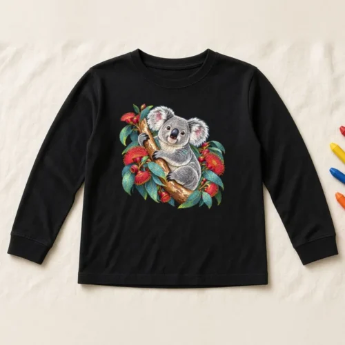 Black Koala in Coral Eucalyptus kids long sleeve T-shirt laid flat on a cream canvas sheet beside chunky crayons