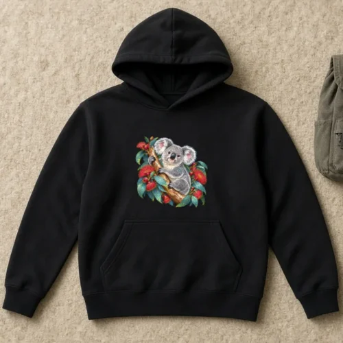 Black Koala in Coral Eucalyptus kids hoodie laid flat on an oatmeal rug beside a small olive canvas backpack and a steel drink bottle