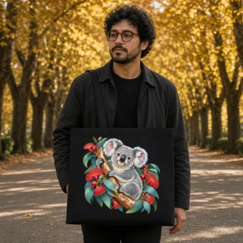 Man with curly dark hair and round glasses on an avenue of autumn trees, holding the black Koala in Coral Eucalyptus tote bag in front of him