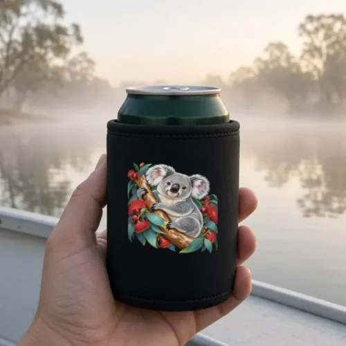 Hand holding a green can in the black Koala in Coral Eucalyptus stubby holder in a small aluminium boat on a calm river at sunrise