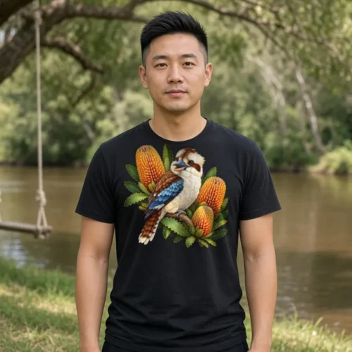 Man with an undercut beside a country swimming hole with a rope swing hanging from a gum tree, wearing the black Kookaburra with Golden Banksia men’s T-shirt