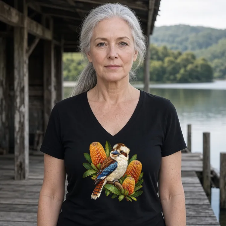 Woman with silver hair in a low ponytail on the timber deck of a lakeside boatshed, wearing the black Kookaburra with Golden Banksia women’s V-neck T-shirt