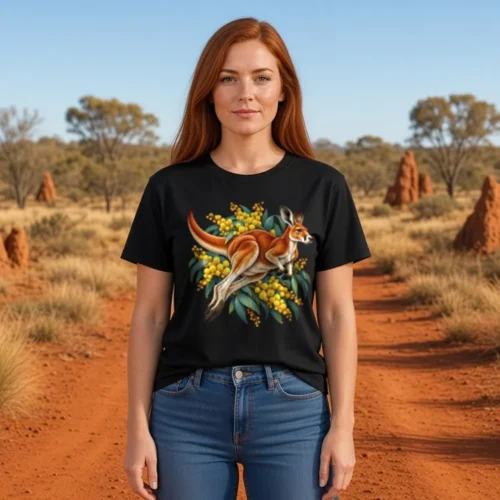 Woman with long auburn hair on a red dirt track among tall termite mounds, wearing the black Red Kangaroo and Golden Wattle Martina T-shirt with jeans