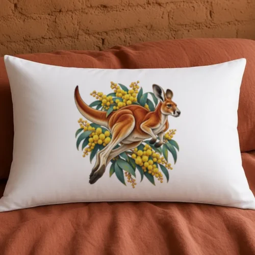White Red Kangaroo and Golden Wattle pillow case on a low timber bed with a rust-coloured linen cover against a warm earthen wall