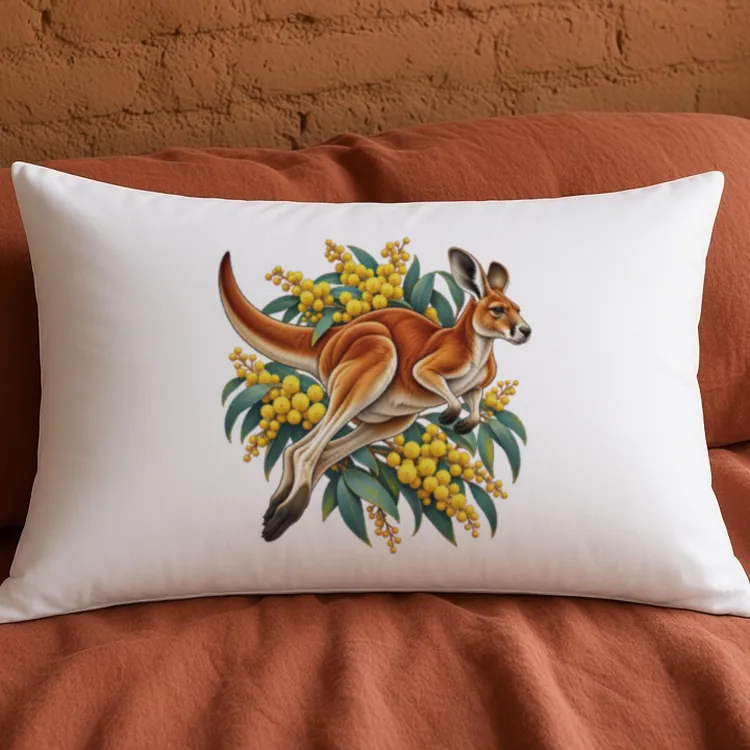 White Red Kangaroo and Golden Wattle pillow case on a low timber bed with a rust-coloured linen cover against a warm earthen wall