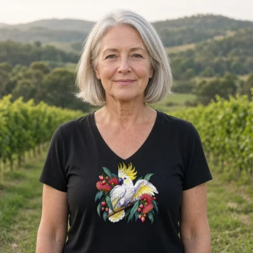 Woman with a silver bob between rows of grapevines in a vineyard, wearing the black Sulphur-crested Cockatoo in Bloom women’s V-neck T-shirt