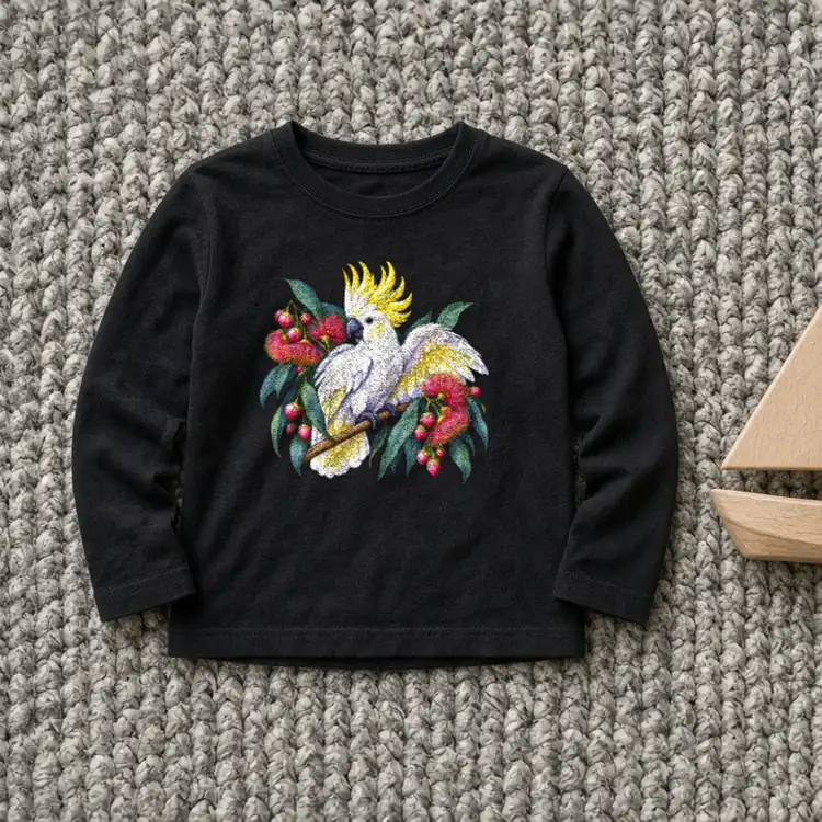 Black Sulphur-crested Cockatoo in Bloom kids long sleeve T-shirt laid flat on a grey rag rug beside a small wooden toy sailboat