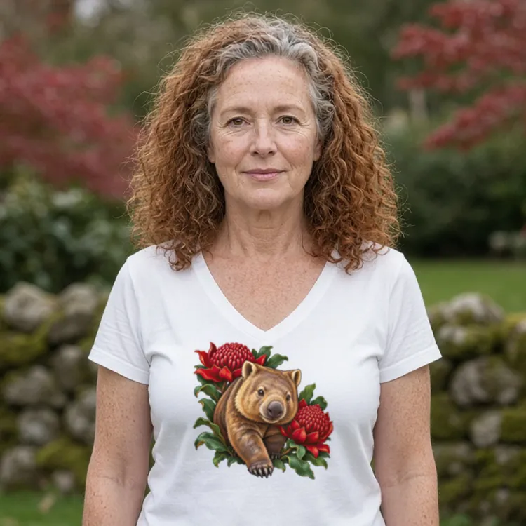 Woman with curly copper hair streaked with grey beside a mossy stone wall in a cool-climate garden with red maples, wearing the white Wombat Among Scarlet Waratahs women’s V-neck T-shirt