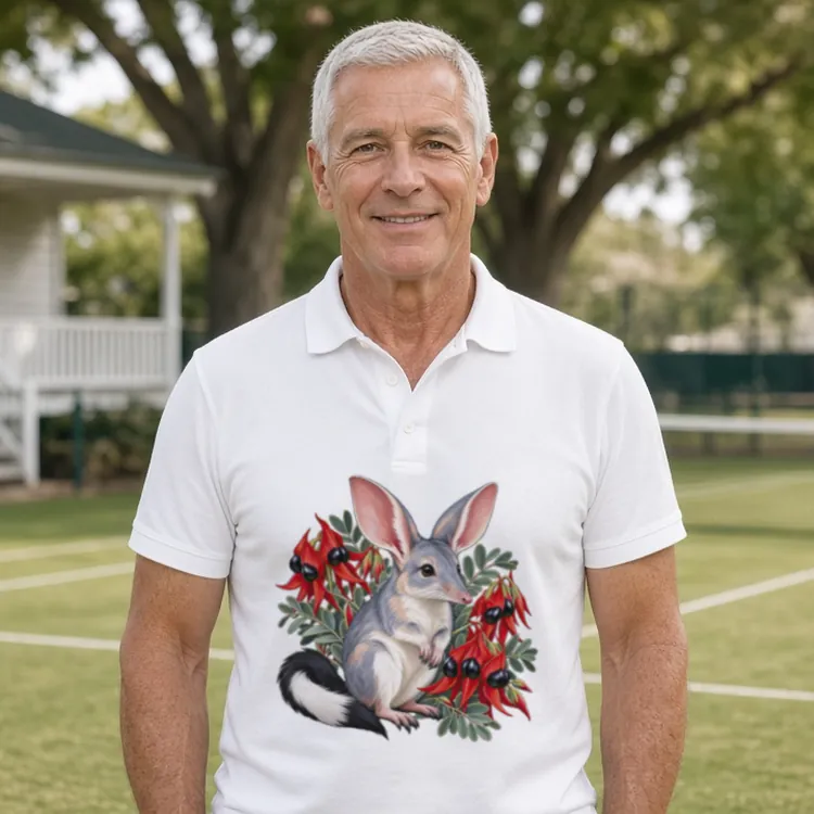 Smiling man in his 60s with short silver hair on the grass courts of a tennis club, with a white timber pavilion behind, wearing the white Bilby Among Sturt Desert Peas polo shirt