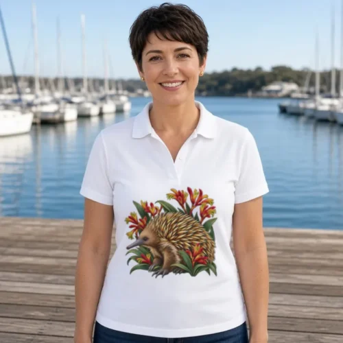 Smiling woman with a dark pixie cut on a timber marina jetty, with moored yachts and calm water behind, wearing the white Echidna Among Kangaroo Paws polo shirt