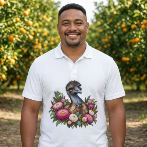 Smiling man with a short fade and a trimmed beard between rows of orange trees in a citrus orchard, wearing the white Elegant Emu with Everlasting Daisies polo shirt