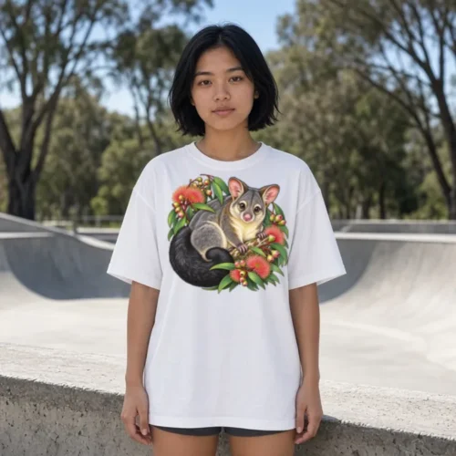 Young woman with a short black bob on a skate park ledge with concrete bowls behind, wearing the white Brushtail Possum Among Eucalyptus Blooms oversized T-shirt