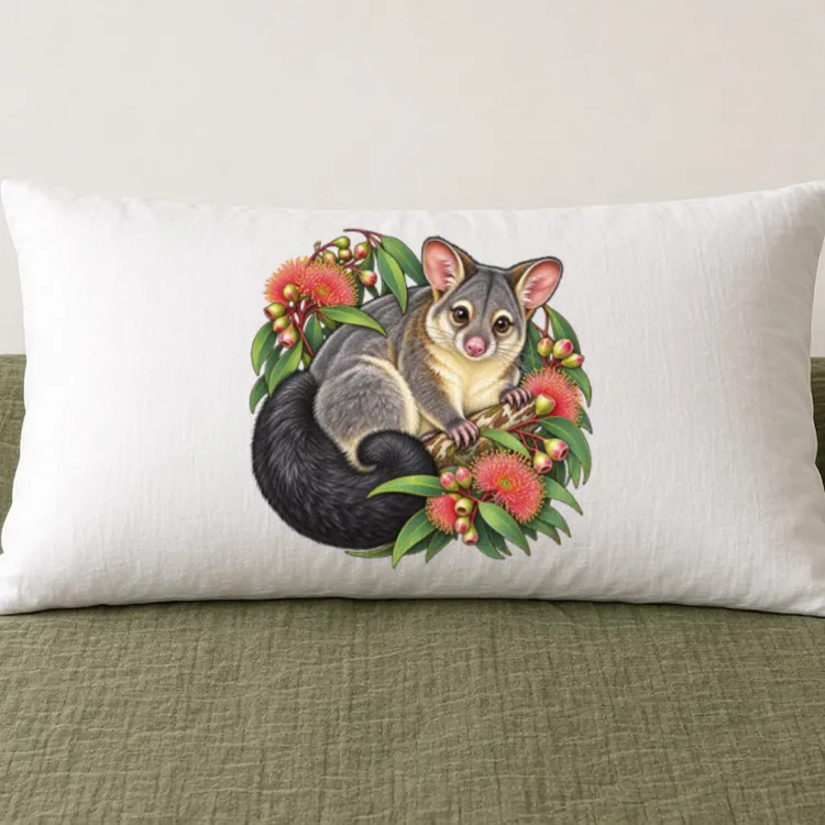 White Brushtail Possum Among Eucalyptus Blooms pillow case on a bed with an olive-green linen quilt