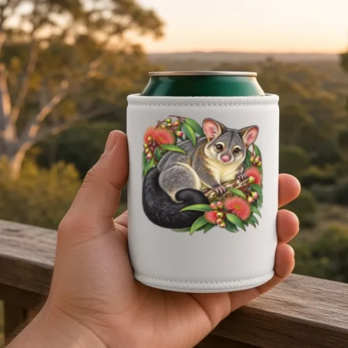 Hand holding a green can in the white Brushtail Possum Among Eucalyptus Blooms stubby holder on a timber verandah at dusk