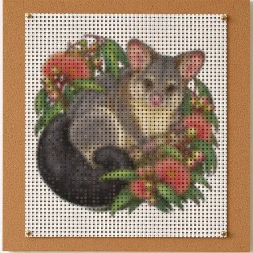 Brushtail Possum Among Eucalyptus Blooms design printed on a white Penelope mesh cross stitch canvas pinned to a cork board